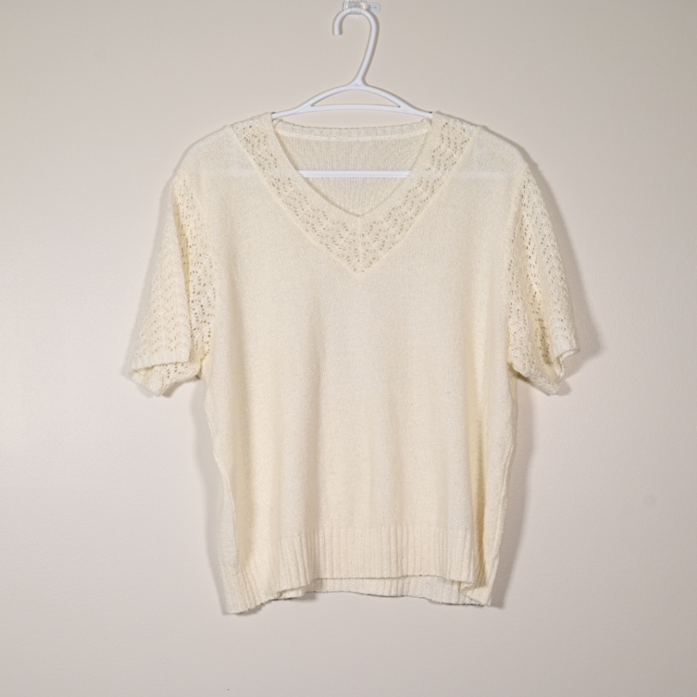 Knit Short Sleeve Top M Cream White